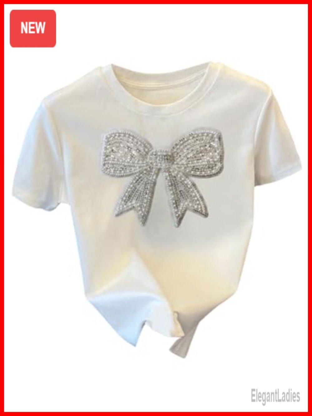 Sequin Short Sleeve Crew Neck Tee with Bowknot